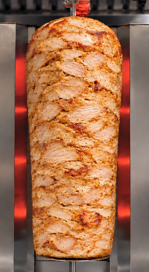 Rulou LEVANT de curcan pe rotisor, cu felii de carne suprapuse.